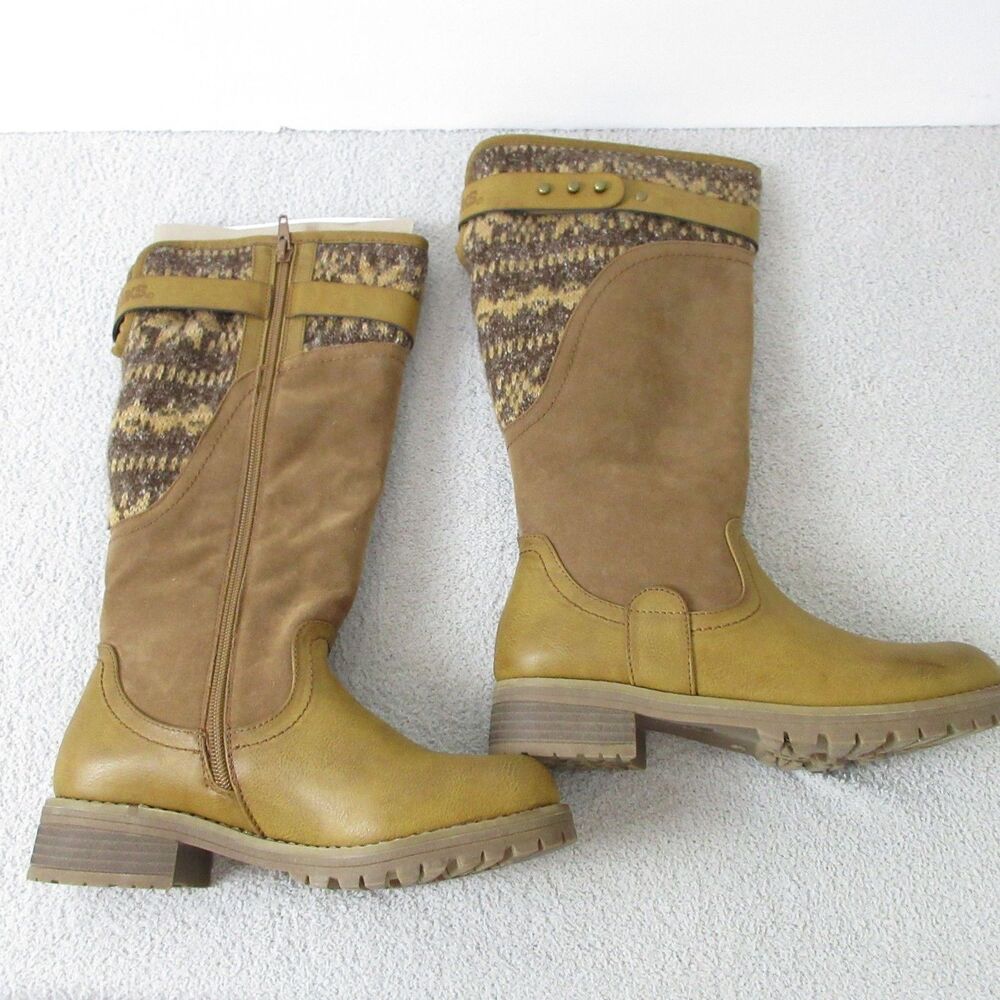 Muk Luks Boots Womens 6 Brown Knee High Knit Cuff Sherpa Lined Low Heel